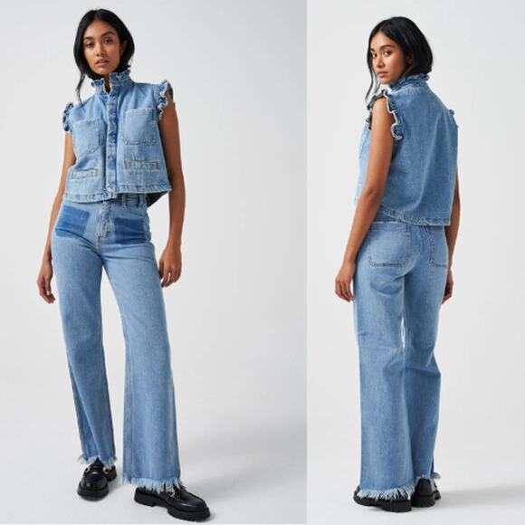 NWT Seventy + Mochi High Rise Mabel Wide Leg Denim Blue Jean with Patch Pocket - Picture 1 of 7